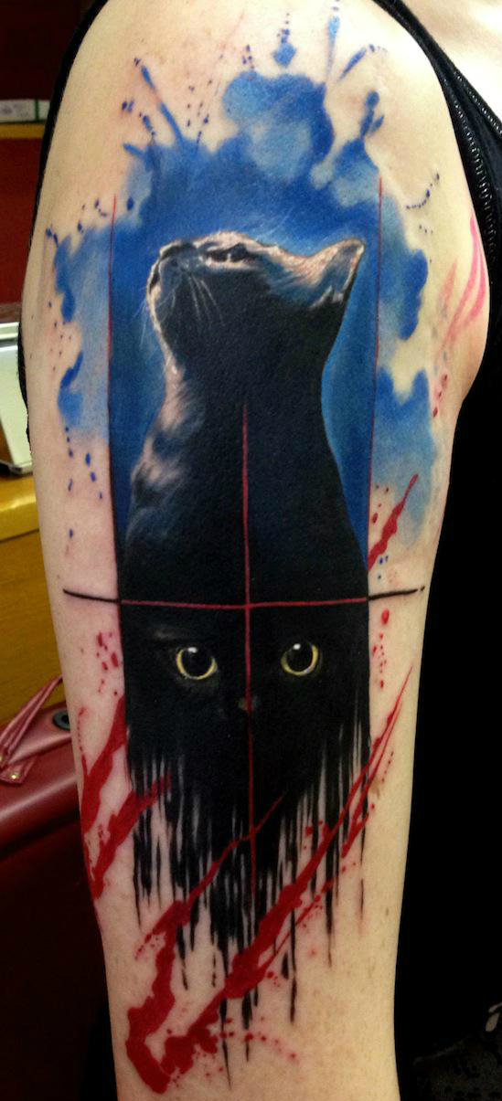 Paint Flowed Black Cat Trash Polka Aquarelle tattoo by Adam Kremer