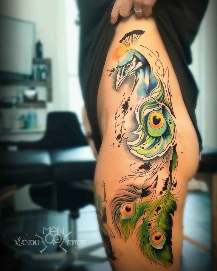 Watercolor Peacock Tattoo on Hip | Best Tattoo Ideas Gallery