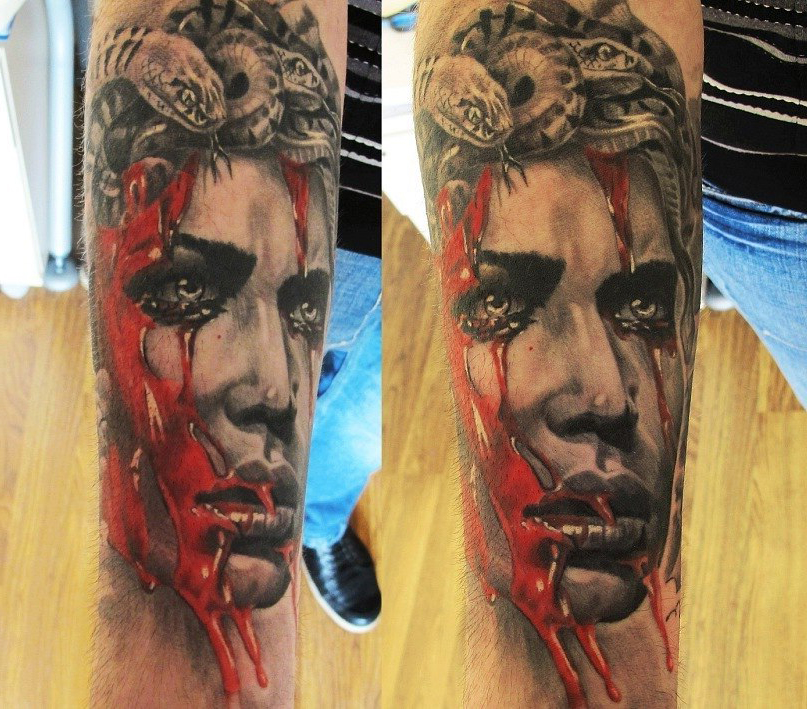 Bloody Medusa realistic tattoo