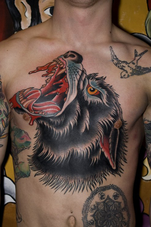 Bloody Wolf on chest traditional tattoo