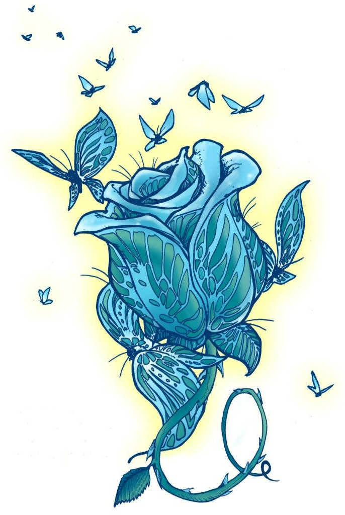 Blue butterflies rose drawing tattoo