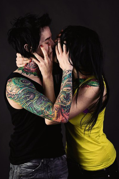 Colorful couple tattoos