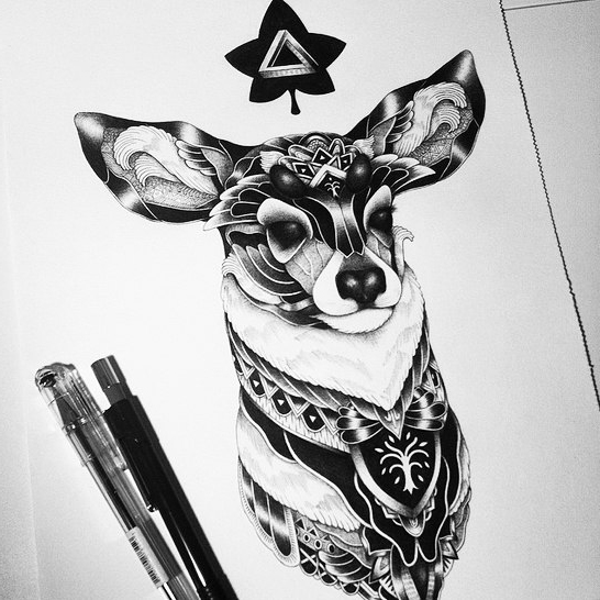 Deer Druid dotwork tattoo