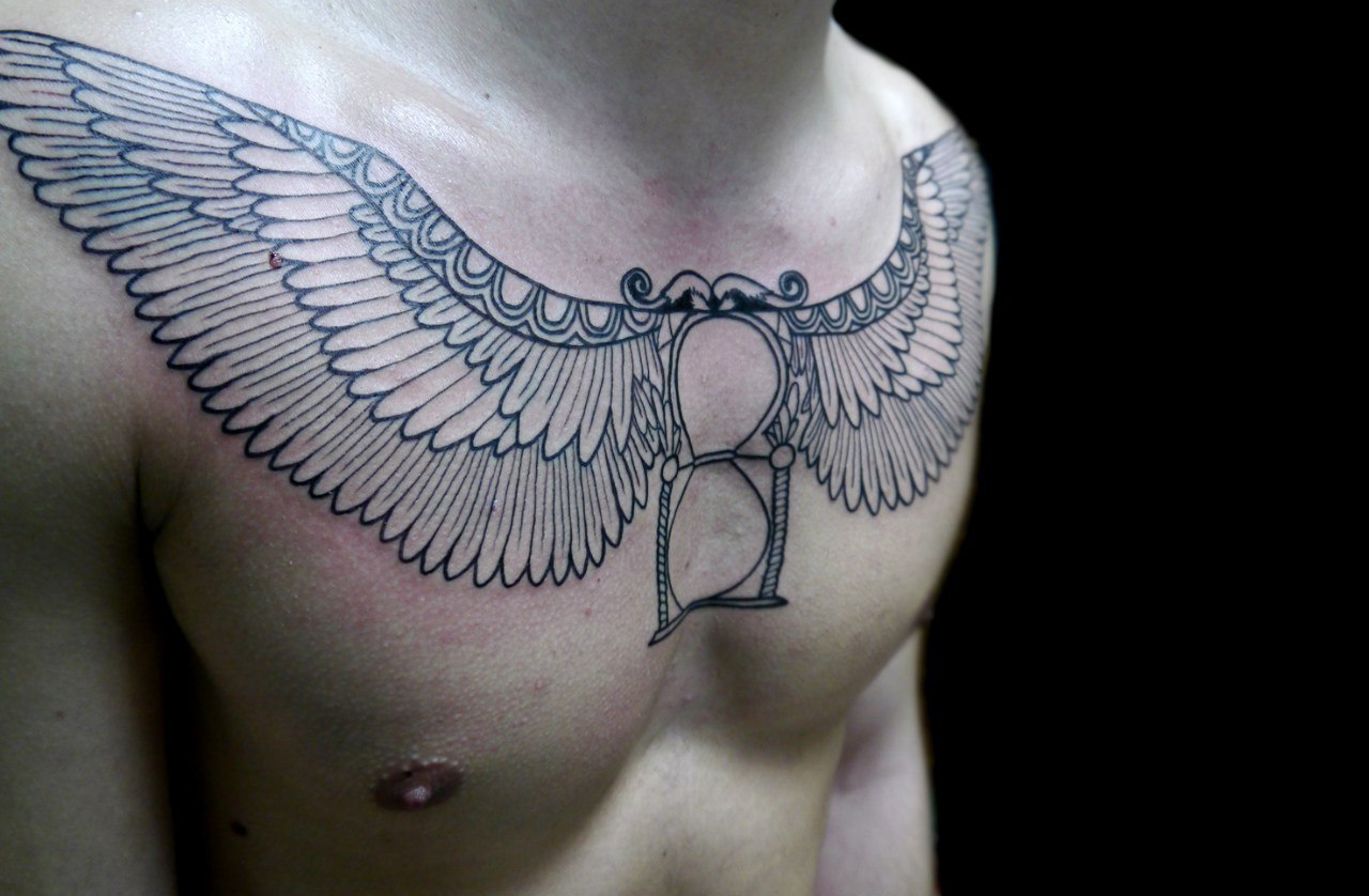 Eagle Wings Sand Watch tattoo on chest - Best Tattoo Ideas Gallery