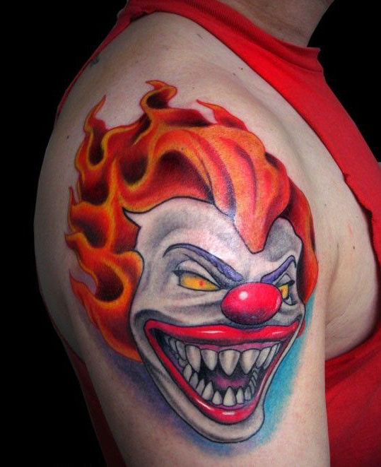Fire Hair Evil Clown tattoo on Shoulder