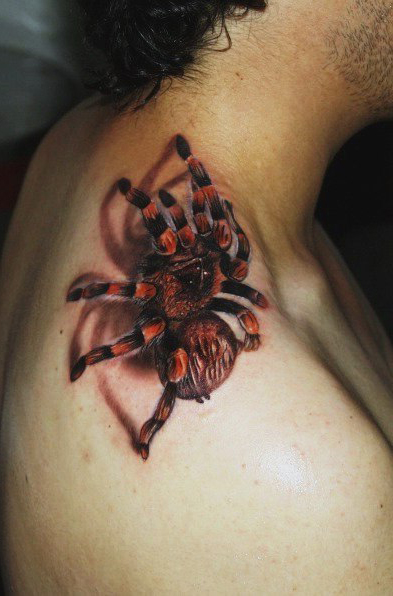 Frightenining Tarantula 3D tattoo on Neck