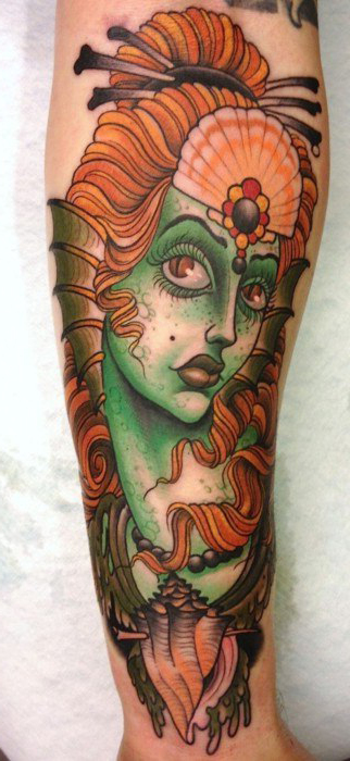 Green Fish Girl traditional tattoo