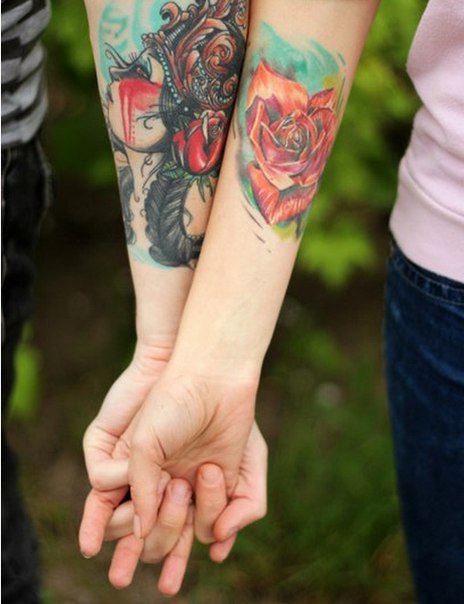 Hearts & Roses couple tattoos