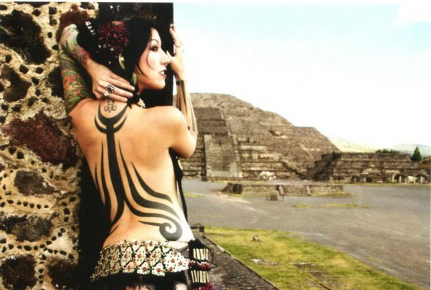 Jamanese moon tower girl tribal tattoo on back