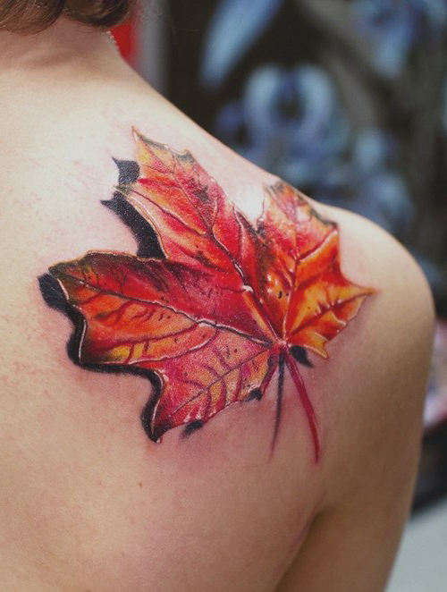 Lonely Maple Leaf 3D tattoo on Shoulder