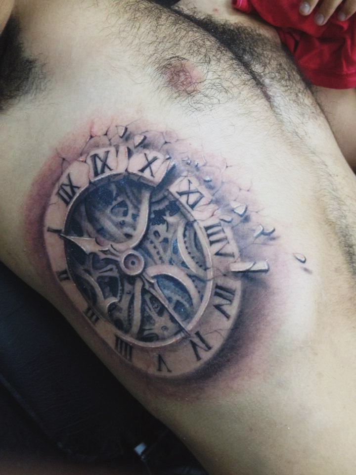 Old Clock 3D tattoo on Body Side