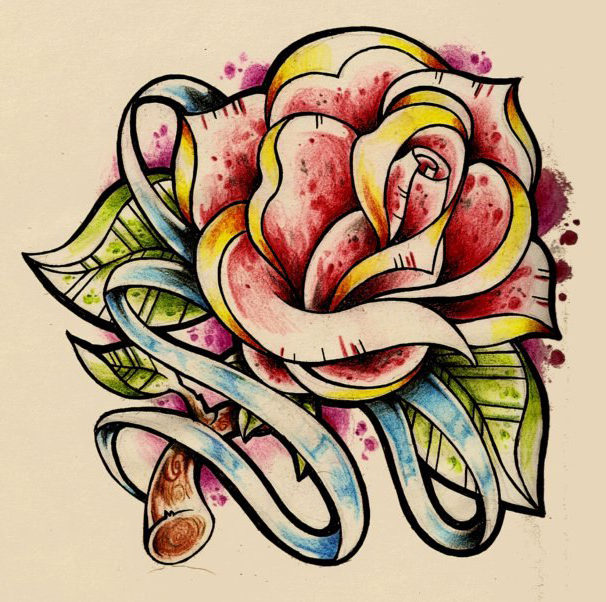 Traditional rose drawing tattoo with stripe