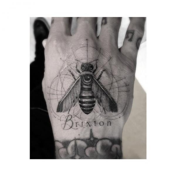 Brixton Lettering Bee tattoo by Dr Woo