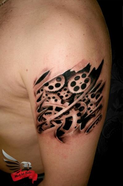 Cogwheels Under Skin Biomechanical tattoo by Black Ink Studio
