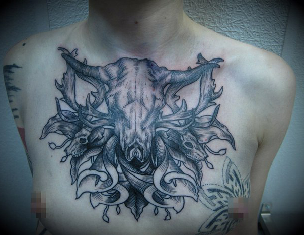 Cow Scull Graphic tattoo idea on Chest