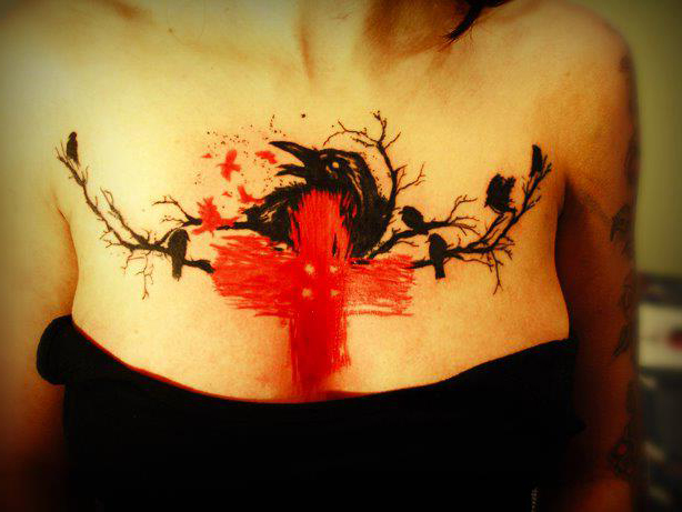 Cross and Raven Trash Polka tattoo
