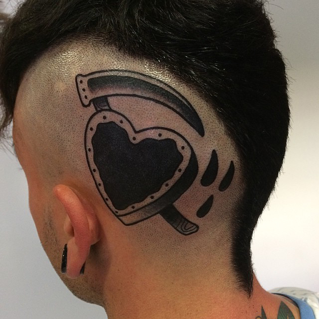 Cut Heart Scythe Blackwork head tattoo design