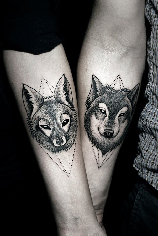 Dotwork Wolf and Fox Couple tattoo
