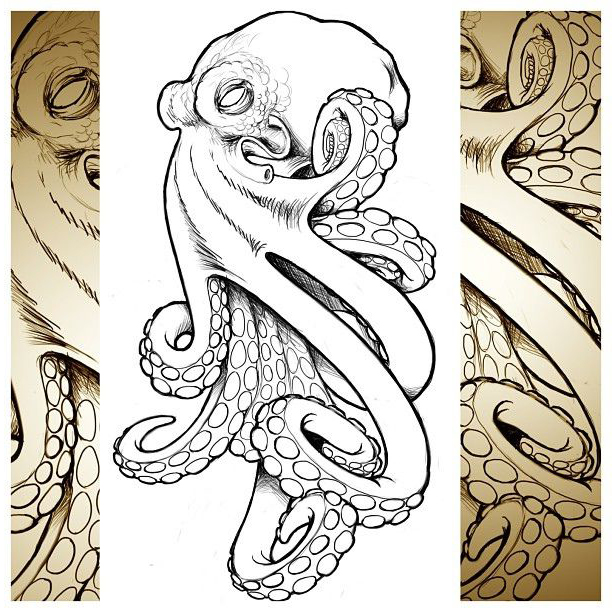 AI Art Generator: Octopus detailed coloured realistic tattoo design front  half upper body