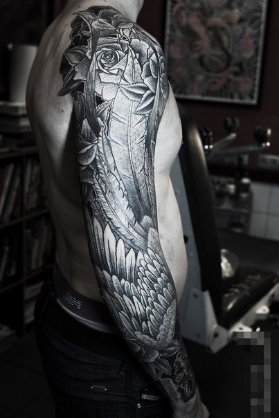 Feather Wings and Roses Graphic tattoo sleeve - Best Tattoo Ideas Gallery