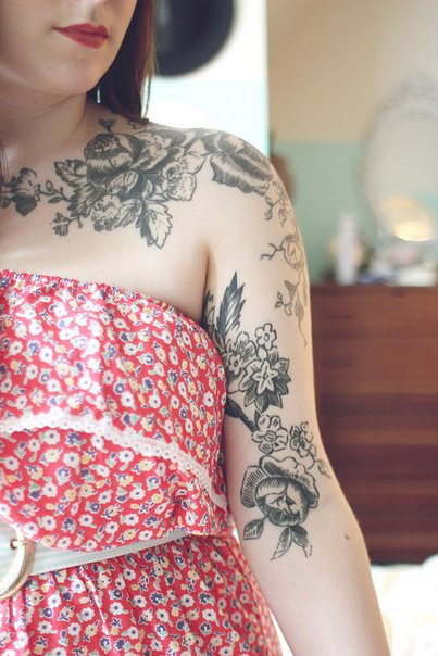 Graphic Shoulder Flowers tattoo idea for girl