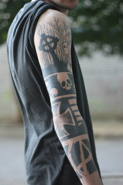 Grave Scull and Anarchy Blackwork tattoo sleeve