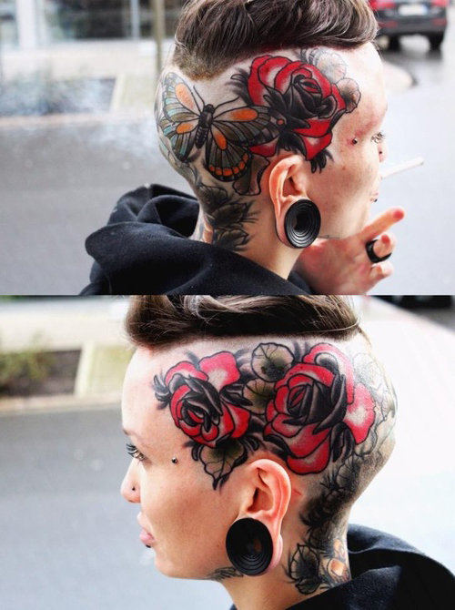 Great Butterfly Roses head tattoo design