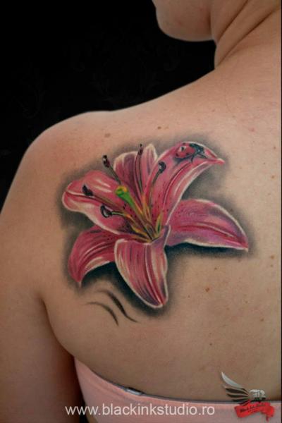 Lady Bug Pink Flower tattoo by Black Ink Studio