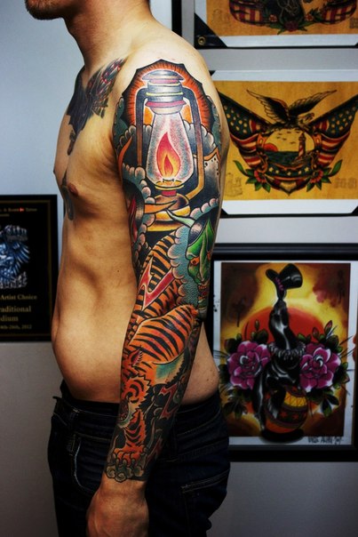 Lantern Fire and Tiger Japanese tattoo sleeve