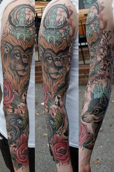 Lion and Wolf tattoo sleeve