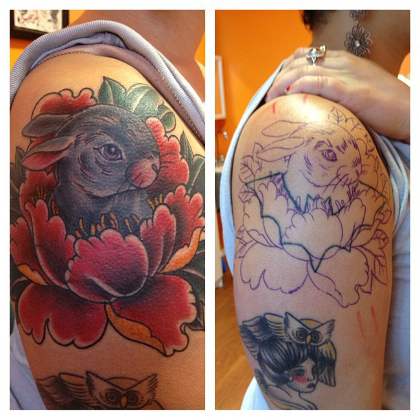 Lotus Rabbit Cover Up tattoo on Shoulder
