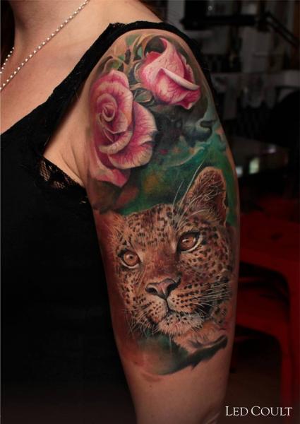 Pink Rose Deep Look Leopard tattoo by Led Coult
