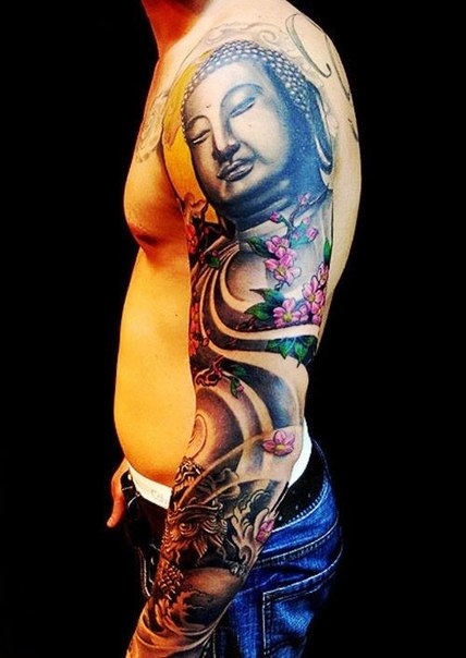 Pink Sakura and Buddha tattoo sleeve