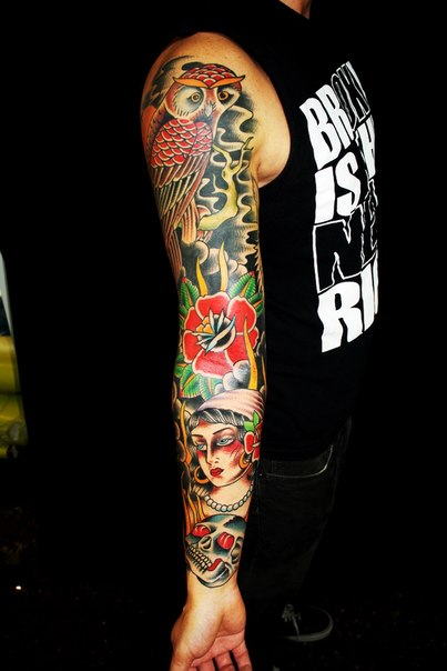 Rose Girl and Owl tattoo sleeve