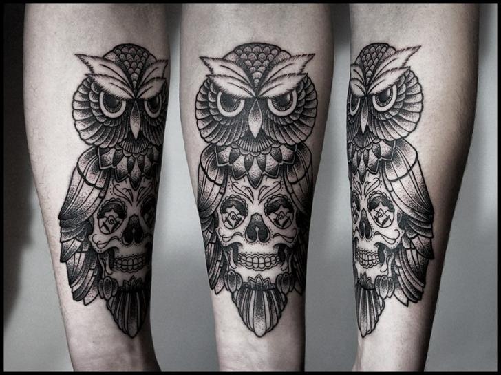SKull body Owl Dotwork tattoo by White Rabbit Tattoo