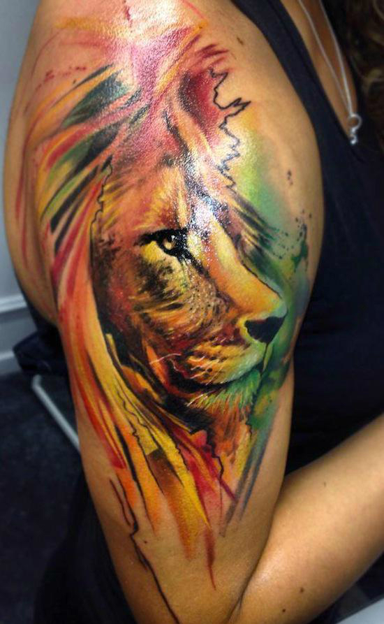 Shoulder Lion Aquarelle tattoo by Adam Kremer