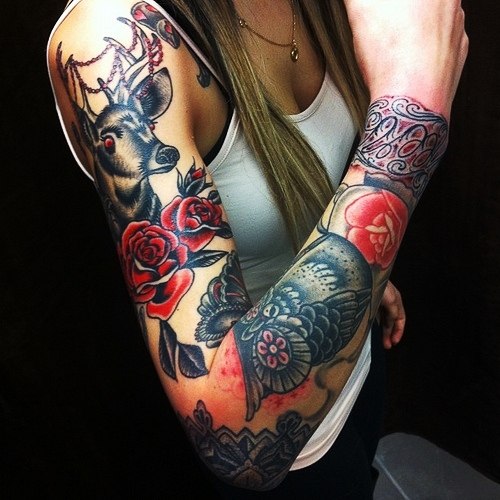 Stag Roses and Owl Traditional tattoo sleeve
