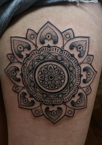 Thigh Black Mandala Dotwork tattoo