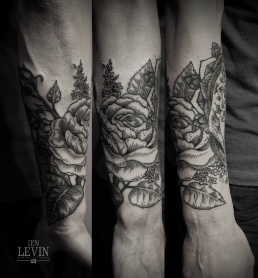 Amazing Rose Etching Dotwork tattoo by Ien Levin