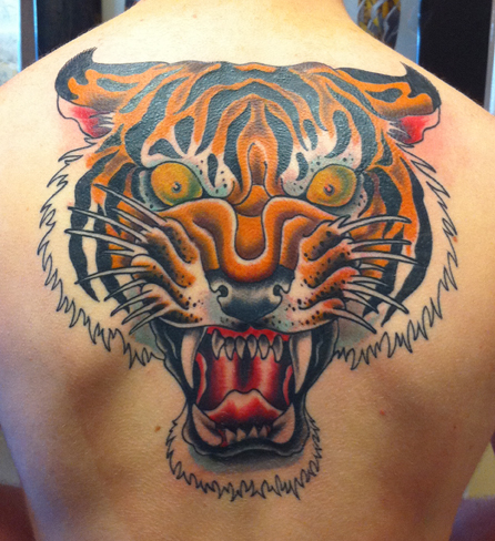 Angry Old School Tiger tattoo by Three Kings Tattoo