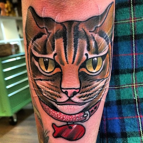Arm Cat with Fish tattoo by Nick Baldwin