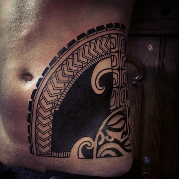 Aztec Sun God Blackwork tattoo on Belly Side