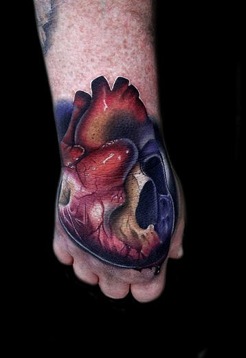 Back of Hand Heart Skull tattoo by Andres Acosta