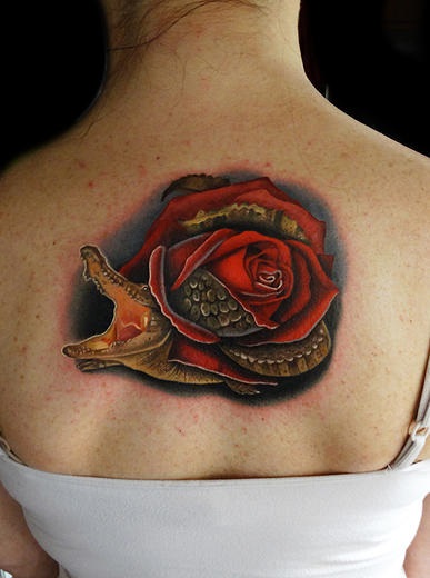 Back of Neck Allirose Alligator Rose and Alligator tattoo by Andres Acosta