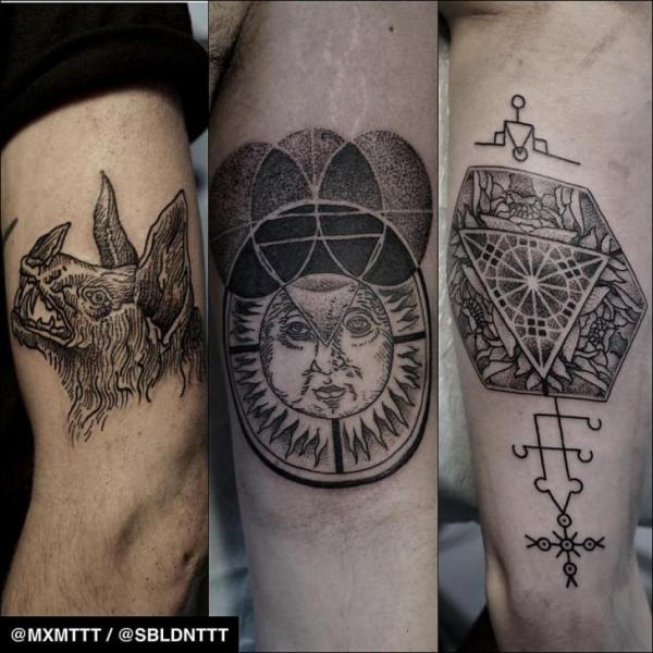 Bat Sun and Geometry Dotwork tattoo by MXM