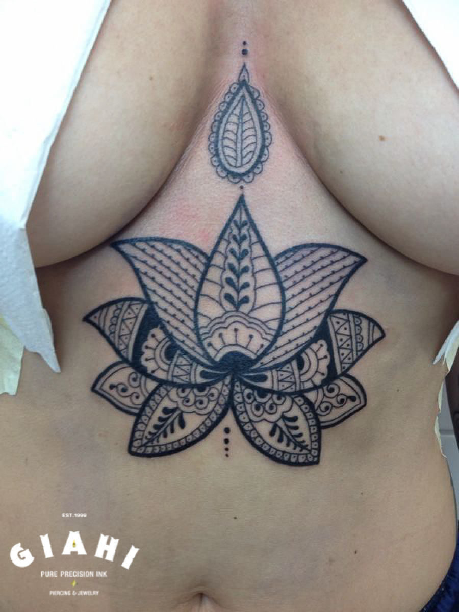 Belly Blackwork Flower tattoo