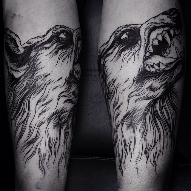 Big Teeth Angry Wolf Blackwork tattoo by Dmitriy Zakharov