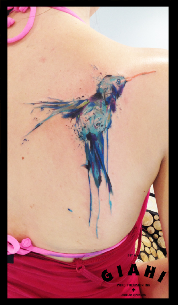 Blue Colibri tattoo on Blade by Live Two