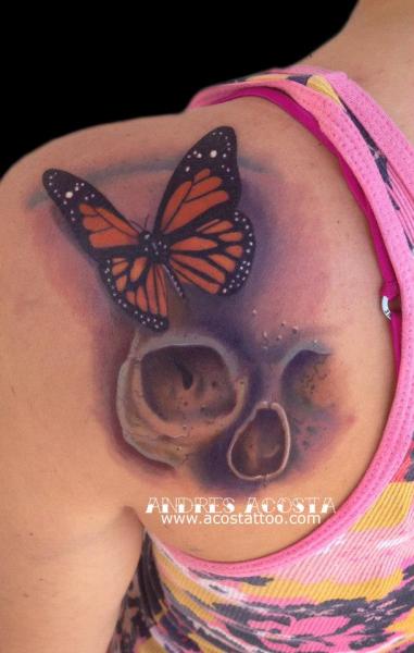 Butterfly and Skull tattoo by Andres Acosta
