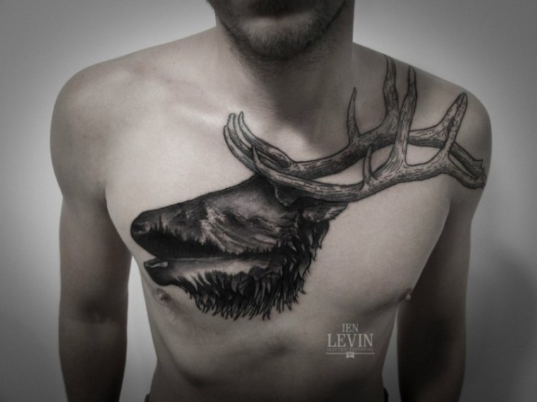 Chest Mountains Stag Dotwork tattoo by Ien Levin